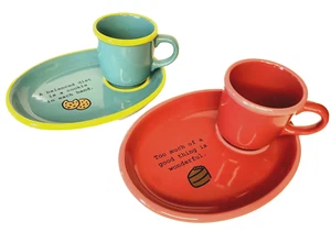Small Cup And Oval Plate Snack or Dessert Set Fun Colors (4 pc) - Picture 1 of 7