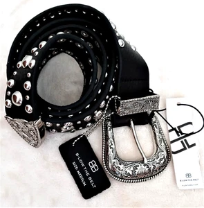 Vintage B-low The Belt FRANK MOTO BELT Black Leather Etched Silver Studs M NWT - Picture 1 of 21