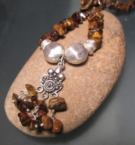 925 Sterling silver 40gr tiger eye & frosted silver necklace. - Picture 1 of 4
