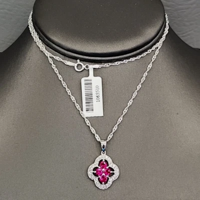 Pendant Necklace Lab Created Rubies Rhodium Plated Sterling Silver 925 JTV 23" - Image 1 of 4