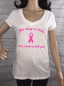Breast Cancer Awareness T-Shirt Medium White Hot Pink V-Neck They're Fake - Picture 1 of 12