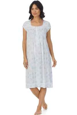 Nuevo con etiquetas $68 EILEEN WEST Blanco/Aqua Floral Algodón Modal Volantes Dobladillo Vals Camisón M Foto 1 de 4
