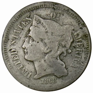 1868 Three Cent Nickel Low Grade Type Coin Damaged A1415 - Picture 1 of 2