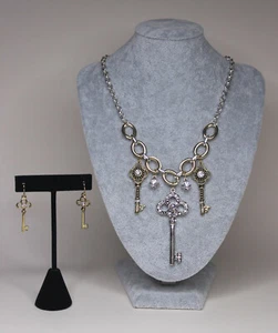 Silvertone Rhinestone Keys Statement Necklace with matching Key earrings Twotone - Picture 1 of 9