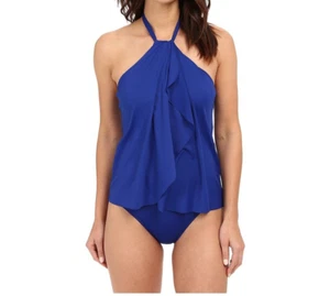 LAUREN RALPH LAUREN Beach Club Hi-Neck Halter Flyway Swimsuit 4 Ocean Blue - Picture 1 of 3