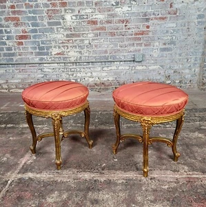 19th century Louis XV carved gilt-wood & upholstered Stools-a Pair - Picture 1 of 10