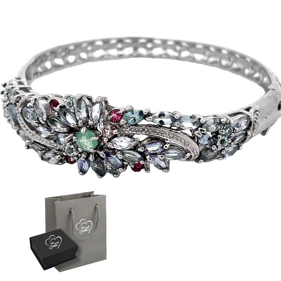Echter Tansanit Aquamarin Smaragd Rhodolith 925 Silber Armreifen Geschenk Frau - Bild 1 von 4