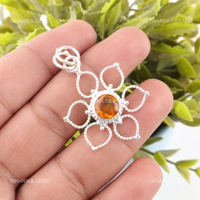 Pendente Etnico In Argento Sterling Con Citrino Naturale Di Novembre Per Moglie - Immagine 1 di 4