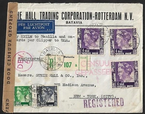 NETHERLANDS INDIES BATAVIA TO US CLIPPER AIR MAIL REGD. WWII CENSOR COVER 1941 - Picture 1 of 2