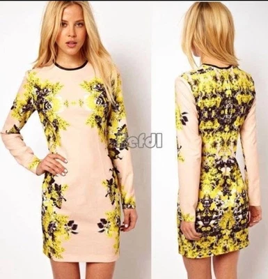 ASOS Floral Mini Dress Size 12 Long Sleeve Yellow Fitted Party Going Out Club - image 1 of 4