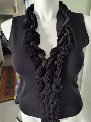 Top DKNY Super Apretado Tejido Elástico Cuello en V Volantes Romántico Talla Lg Negro 19" Pit Foto 1 de 4