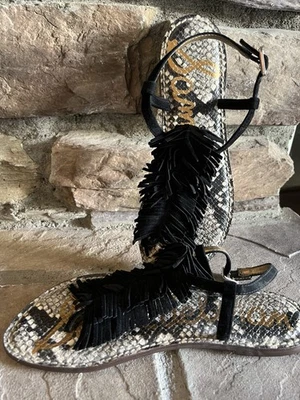 Sam Edelman Gela Sandalia Negra Con Flecos Gamuza Negra Mujer 7 NUEVO Foto 1 de 3
