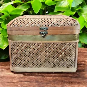 Vtg Wicker Rattan Wood Trunk Storage Chest Brass Hinged Boho 14"w x 11"t x 9"d - Picture 1 of 16