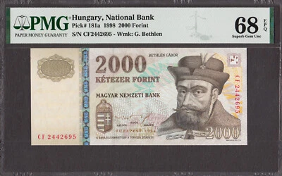 Hungría 2000 Forint 1998 Pick-181a EXCELENTE GEMA SIN CIRCULAR PMG 68 EPQ (excelente calidad) Foto 1 de 2