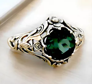 SCOTTISH THISTLE ART NOUVEAU STYLE 925 SOLID SILVER SIMULATED EMERALD RING  #757 - Picture 1 of 4