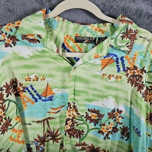 VINTAGE THUMBS UP Hawaiian Mens Camp Shirt Lime Green Sz L Tropical Print Resort - Picture 1 of 13