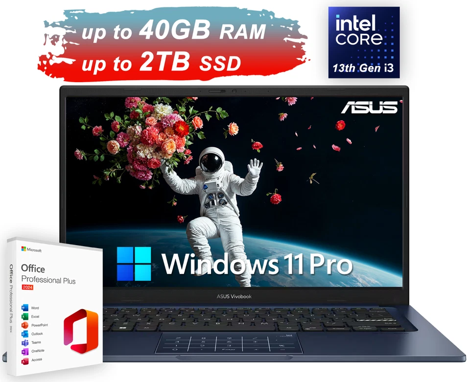 2025 ASUS Vivobook 14 Laptop MS Office 6-Core Intel i3 Upto 40GB RAM 2TB SSD Pro - Image 1 of 4