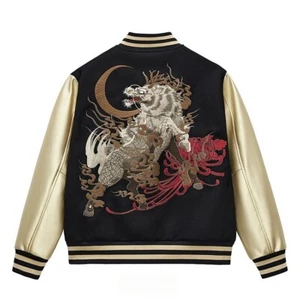 Mens Varsity Baseball Jacket Japanese Pattern Embroidery Kirin Mythical Beast - Picture 1 of 12