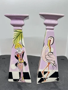 Vintage Riki Moss 80’s Contemporary Deco Studio Art Pottery Candlesticks Miami - Picture 1 of 12