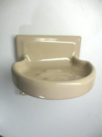 Lavatory Bathroom Sink 1950s Thin Set Fawn Beige Wall Mount Porcelain Soap Dish Cover