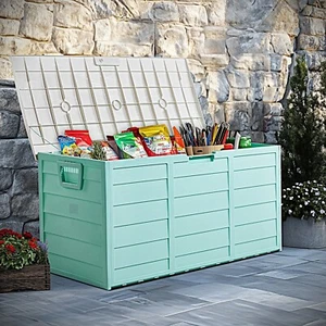 Light Green 75Gal Outdoor Garden Storage Box w/ Wheels for Tools, Toys, Cushions - Picture 1 of 8