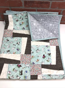 Very Cute Gray & Blue Baby Blanket Cats Sheep 35" x 43" - Picture 1 of 5