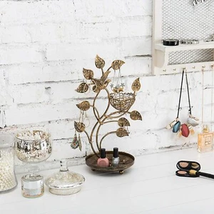 Bronze Tree & Bird Nest Earring Stand Jewelry Tower w/ Ring Tray, Jewelry Stand - Picture 1 of 5