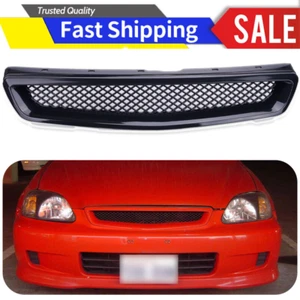 Fit 1999-2000 Honda Civic JDM Style Gloss Black Mesh Front Bumper Grille Grill - Picture 1 of 11