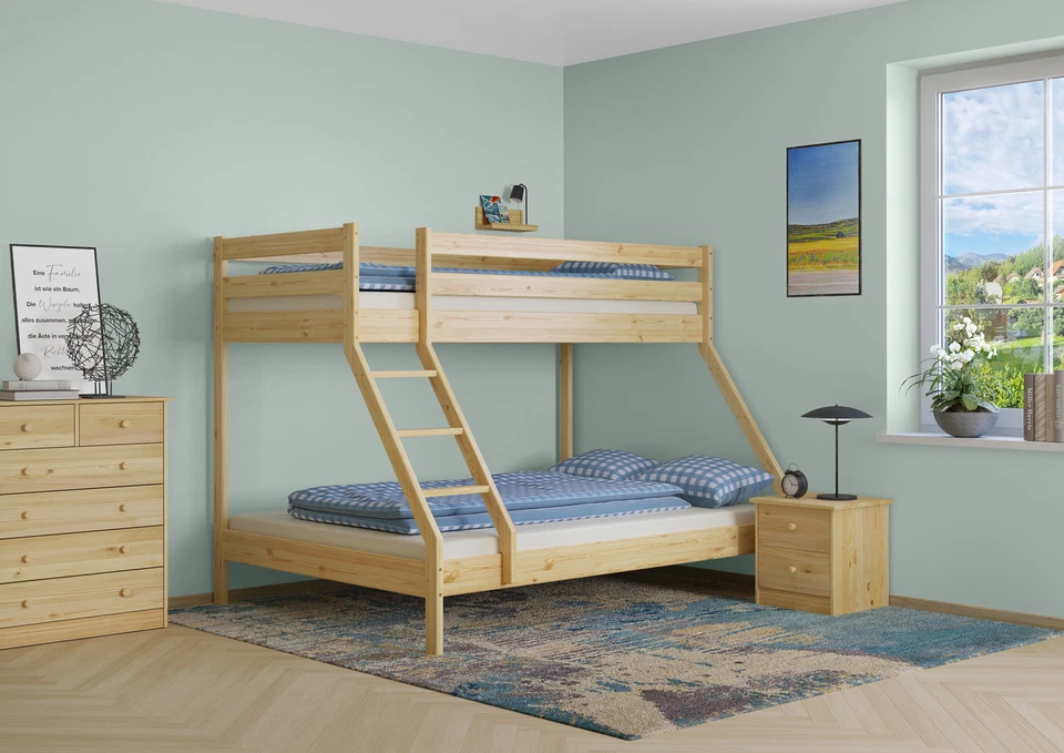 Doppel-Etagenbett 140x200 und 90x200 Erwachsenen-Stockbett Kiefer  - Bild 1 von 1