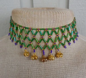 Netted Weave Adjustable Beaded Choker Necklace with Bells in Green Gold Purple - Picture 1 of 8