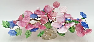 GLASS FLOWER ARRANGEMENT 18" X 11" PINK & BLUE FLOWERS GREEN LEAVES - Picture 1 of 21
