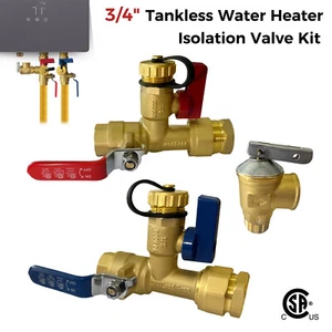 3/4" Threaded Isolation Valve & Pressure Relief Kits for Tankless Water Heater - Picture 1 of 6