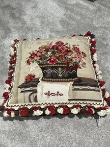 Needlepoint Throw Pillow Vase N Pansies Handmade Wool Petit Point Cushion 19x19 - Picture 1 of 7