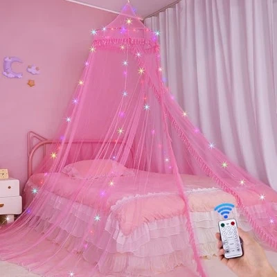  Toldo de cama para niñas con temporizador remoto dosel cama con luces transpirable rosa Foto 1 de 4