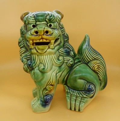 Vintage Large Ceramic Foo Dog Figurine with Blue & Green Glaze 9” Tall - Image 1 of 4