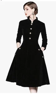 Feiinvan Velvet Goth Damen M/L Langarm Schwarz Knopfleiste Midikleid - Bild 1 von 15