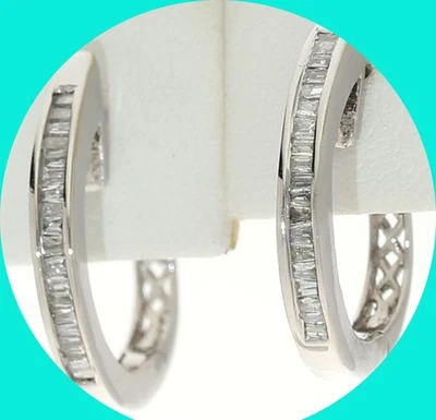 "Aretes tipo argolla de diamantes naturales de oro blanco de 0,30 quilates 14 K de 3/4"" de largo" Foto 1 de 4