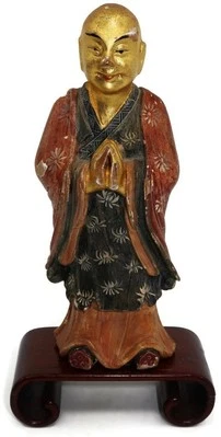 Antigua estatuilla de madera tallada y pintada a mano de Buda con soporte, 7 7/8" (A) Foto 1 de 4