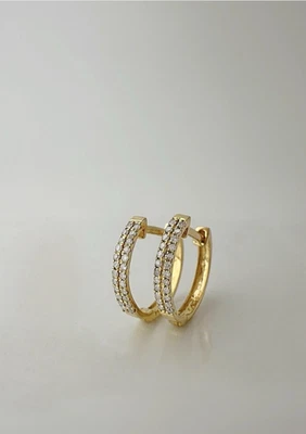 Pendientes tipo argolla de diamantes de oro macizo de 18 quilates - Huggies de 12 mm/diamante natural de doble fila Foto 1 de 4