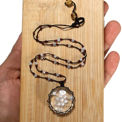 Floral Medallion~ Natural Clear Quartz Hand Made Exclusive Macrame Gem Necklace - Image 1 of 4