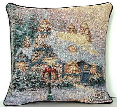 Thomas Kinkade -Christmas Stone Hearth Hutch Snow Scene, Tapestry Pillow New - Image 1 of 4