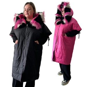 Oversized Reversible Quilted Long Vest Coat with Detachable Collar Fur Fox - Picture 1 of 6