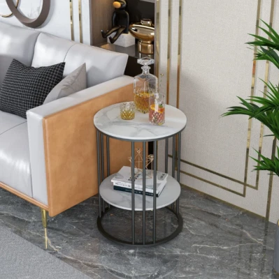 Sintered Marble Stone Round End Side Table Modern Metal Frame Accent Furniture - Image 1 of 4