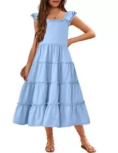 Girls Maxi Summer Short Flutter Sleeve Casual Dress with Pockets for 12-13 Ye... - Picture 1 of 8