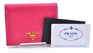 PRADA Bi-Fold Wallet Saffiano Leather Pink Logo Women w/Guarantee Card R11712