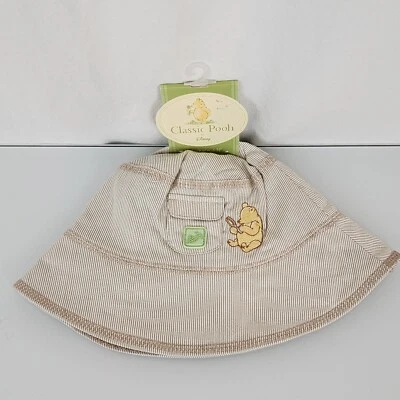 Classic Winnie the Pooh Baby Boy Bucket Sun Hat Khaki Stripes 3-6-12 NEW NWT - Image 1 of 3