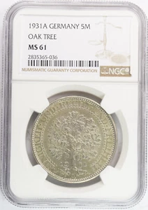 1931A 5 Reichsmarks Weimar Oak Tree NGC MS61 KM# 56 - Picture 1 of 2