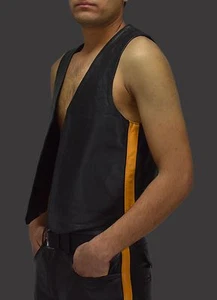 AW-676 leather vest yellow stripe cowhide, motorcycle leather vest, leather jacket. - Picture 1 of 4