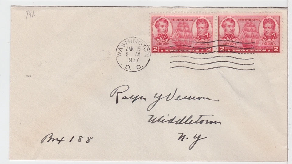 TurtlesTradingPost - Army Navy - 2 Cent Navy  #791 1937 FDC  No Cachet  Pair - Image 1 of 1