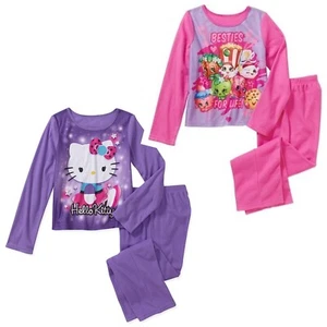 (2) Fleece Flannel XS-4/5 Pajama Sets Top+Pants ~ Shopkins Besties & Hello Kitty - Picture 1 of 3